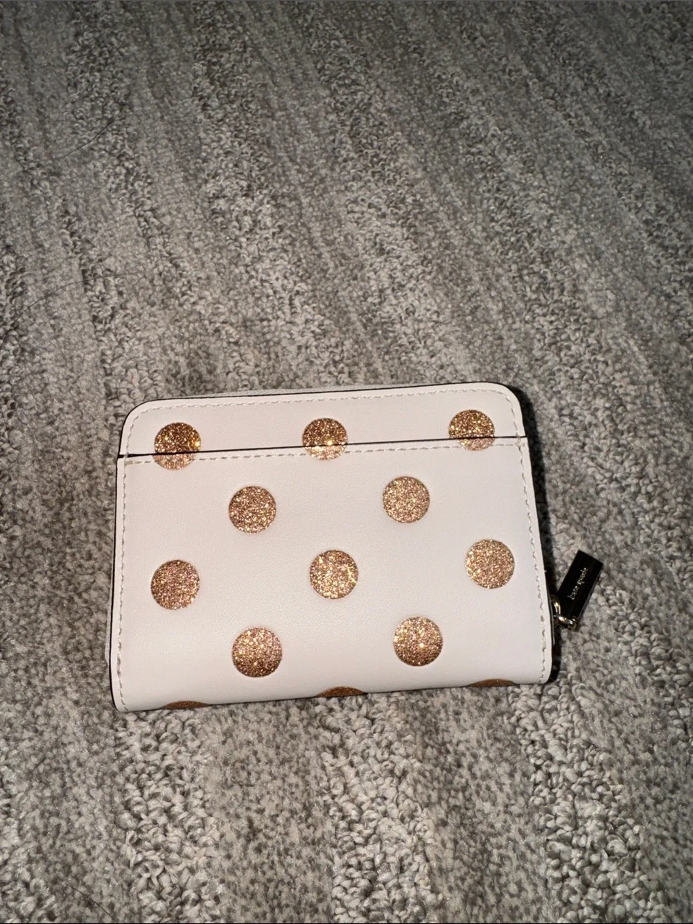 kate spade White Wallet with Rose Gold Glitter Polka Dots and Metallic Bow